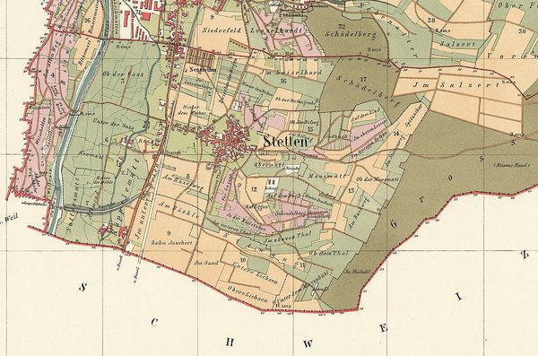 Kartenausschnitt von 1893 Lörrach und Stetten